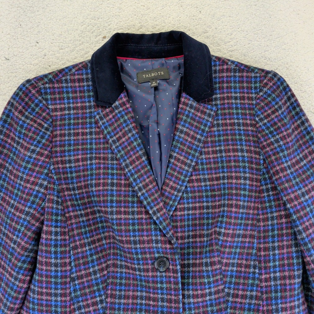 Talbots Women's 10 Plaid Blazer Velvet Collar Wool Blend Blue‎ Purple Retro Vtg - Picture 3 of 8